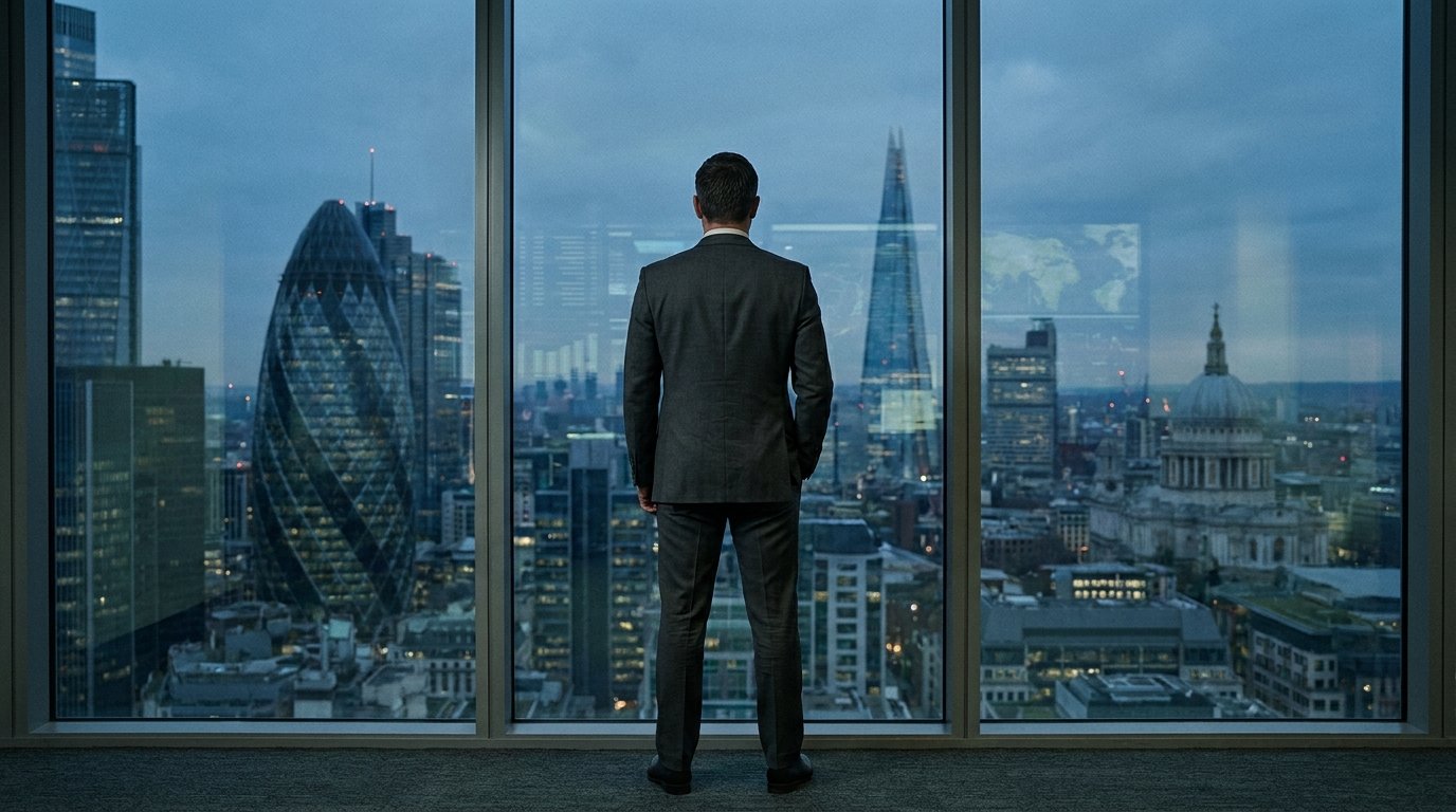 An analyst at a window overlooking the City of London at dusk