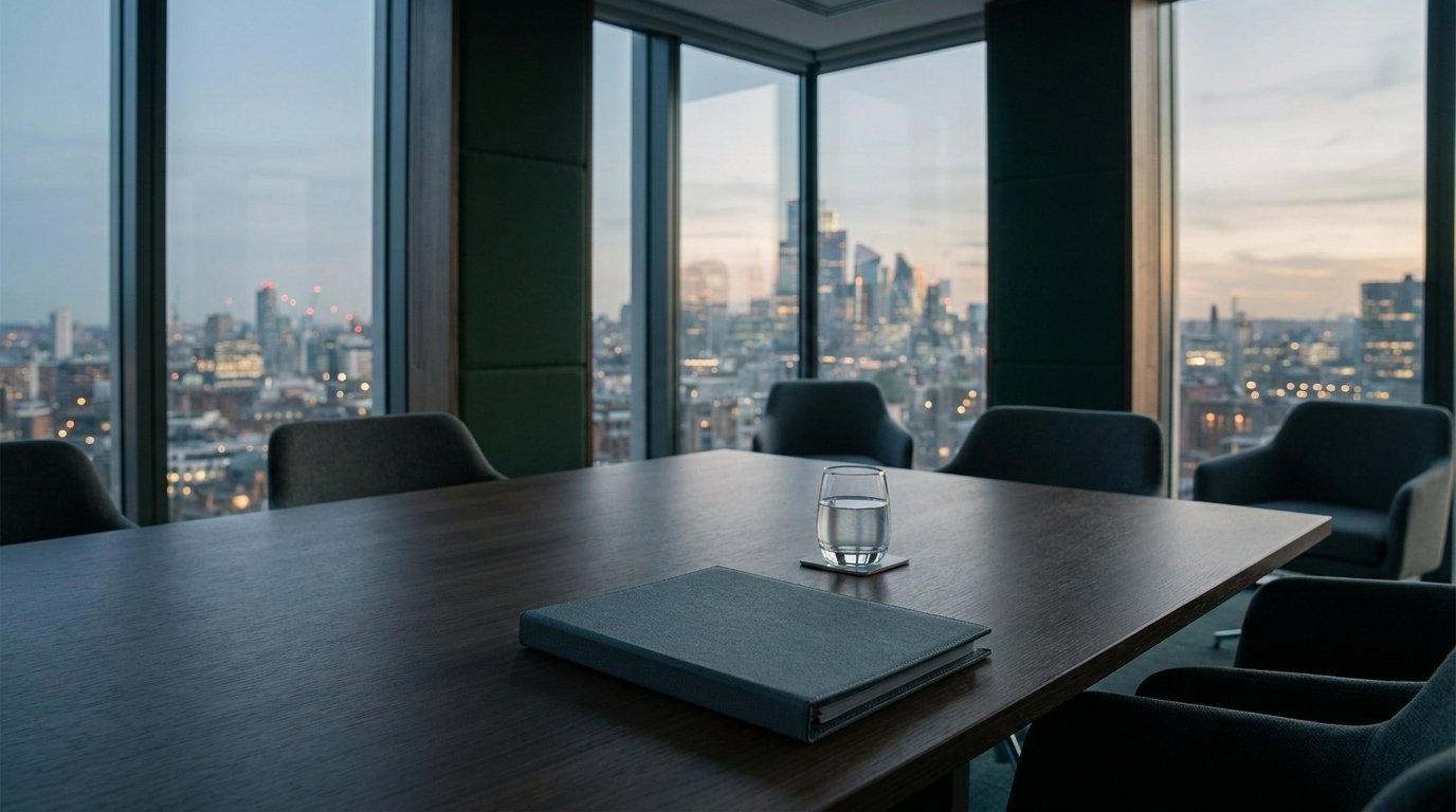 An empty glass boardroom above London at dusk