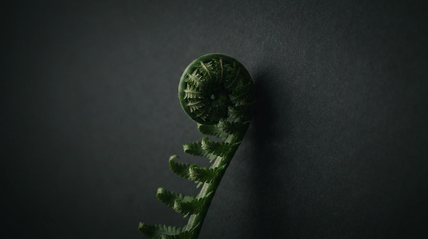 A single fern frond, unfurling, on a dark background